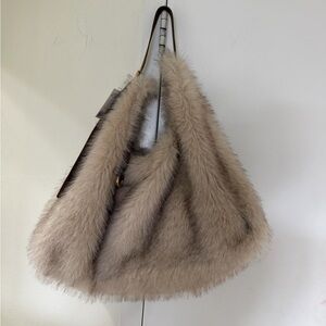 H&M Plush Faux-Fur Hobo Bag in Taupe